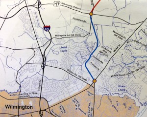 The blue line between Market Street and the U.S. 17 Wilmington Bypass denotes a proposed six-lane median-divided extension to Military Cutoff Road. If the project proceeds on schedule, construction could take place in 2017. Map from DOT.