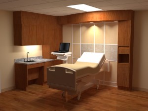 A rendering of the one of the private patient rooms proposed. Image courtesy Dosher.