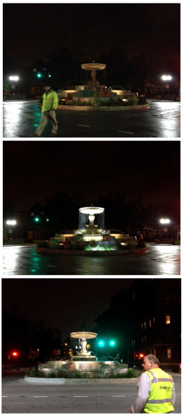 Before and after: The top image is the lighting scheme currently in effect; the middle image is a proposal from the Wilmington office of the Graybar company as demonstrated last week. The base of the fountain would be more brightly lit in the latter if the city selected Graybar for the improvement. The bottom image is a proposal from the Musco Lighting company of Iowa demonstrated Tuesday night. Click to enlarge. Photos by Ben Brown.