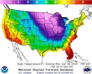 A map from the National Weather Service shows the Arctic front in the nation's Midwest that is reaching out toward the East and South.