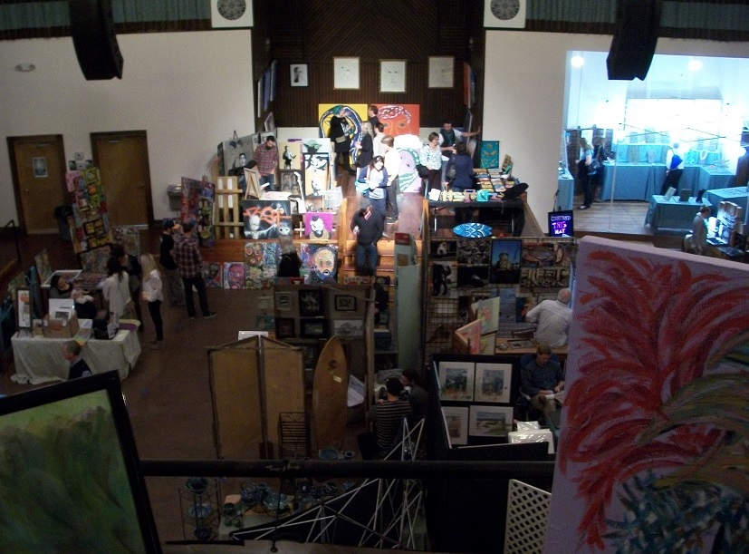 Artwork fills the floor, stage and balcony of the Brooklyn Arts Center for 'Art for All 4,' which continues today until 7 p.m. Photos by Jonathan Spiers.