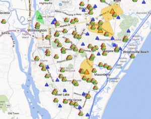 Clusters of power outages on the Duke Energy Progress map at 11:30 a.m. Wednesday.