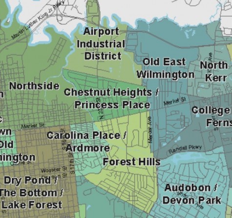 Map denoted neighorhood boundaries created by the City of Wilmington. Click here for the full map. 