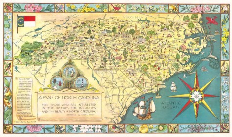 Circa 1960, "A map of North Carolina for those who are interested in the history, the industry and the beauty of North Carolina," created by Mabel Pugh. The "Azalia Festival," "Airlee Gardens" and the Venus Fly Trap are highlighted in this lower Cape Fear region. Source: State Archives of North Carolina.