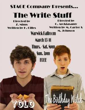 Matthew Robert Carter, left, not only stars in 'YOLO' but is also co-writer of 'The Birthday Witch.' Image courtesy UNCW STAGE Company.
