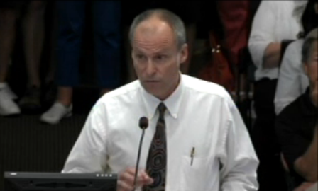 Clark Hipp, board chairman of Wilmington Downtown Inc., addresses commissioners in Monday's budget hearing. Image courtesy NHCTV.