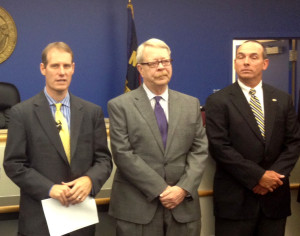 District Attorney Ben David, left, is joined by Assistant District Attorney Tom Odom and  Mac Warner, Special Agent in Charge of the N.C. State Bureau of Investigation, at the Pender County Courthouse. Photo by Christina Haley. 