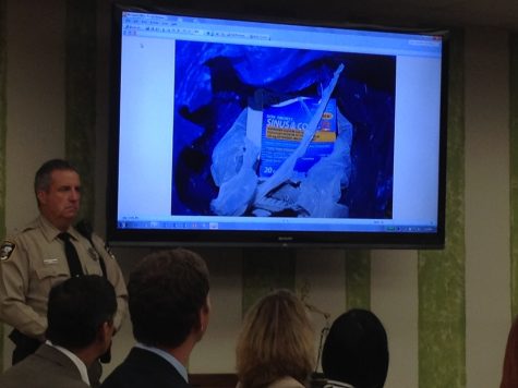 Pictures of the crime scene in Hampstead were presented in court. Pictured on the screen is a package of pseudoephedrine, an ingredient used to make methamphetamine. Photo by Christina Haley.