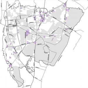 A map shows areas of potential redevelopment (shown in purple) eyed as part of the city's amendment to its urban mixed-use zoning. Image courtesy City of Wilmington.