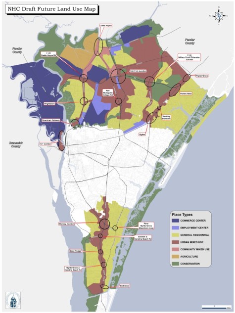 The draft land use map the county is proposing reflects several changes from previous plans, including the designation of the U.S. 421 corridor, shown in blue at upper left, as a commercial center. A current plan (See below) shows the corridor as a mix of conservation land and areas in transition. Images courtesy New Hanover County.