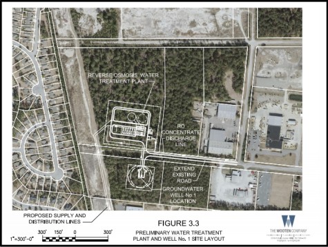 A map shows the location of the proposed water treatment plant in relation to the nearest homes in Magnolia Greens. A cleared power line easement can be seen between them. Image courtesy H2GO.