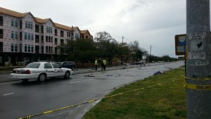 Police investigating a wreck after a vehicle suspected to have left the scene of a bank robbery, hit several cars near Eastwood Road and Wrightsville Avenue.  Photo courtesy of WPD.