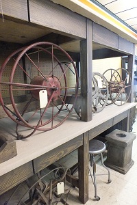 Metal hose carts are among the unique industrial-style items for sale.