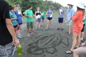Teen students learn how to measure leatherback sea turtles in preparation for nightly data collecting hikes in Costa Rica during a trip with the N.C. Aquarium at Fort Fisher. Courtesy photo.