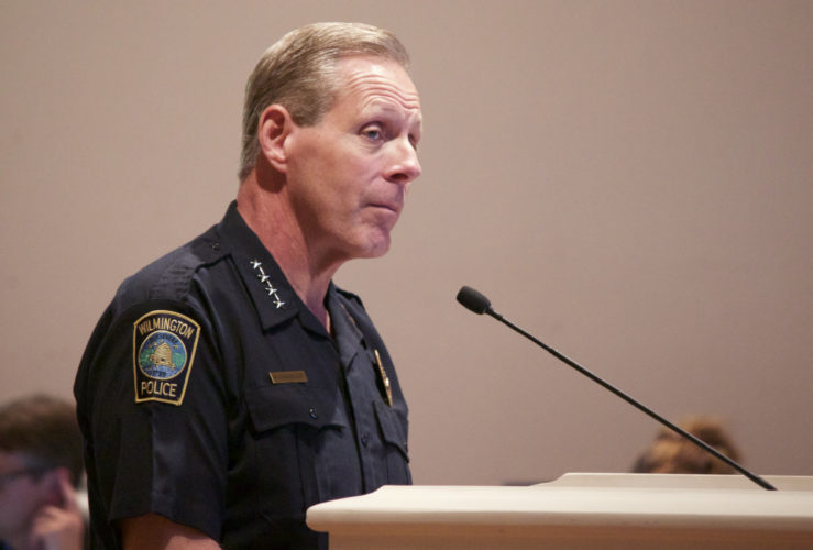 Chief of Police Ralph Evangeolous spoke about the seemingly connected incidents happening in Downtown (Port City Daily/Mark Darrough)