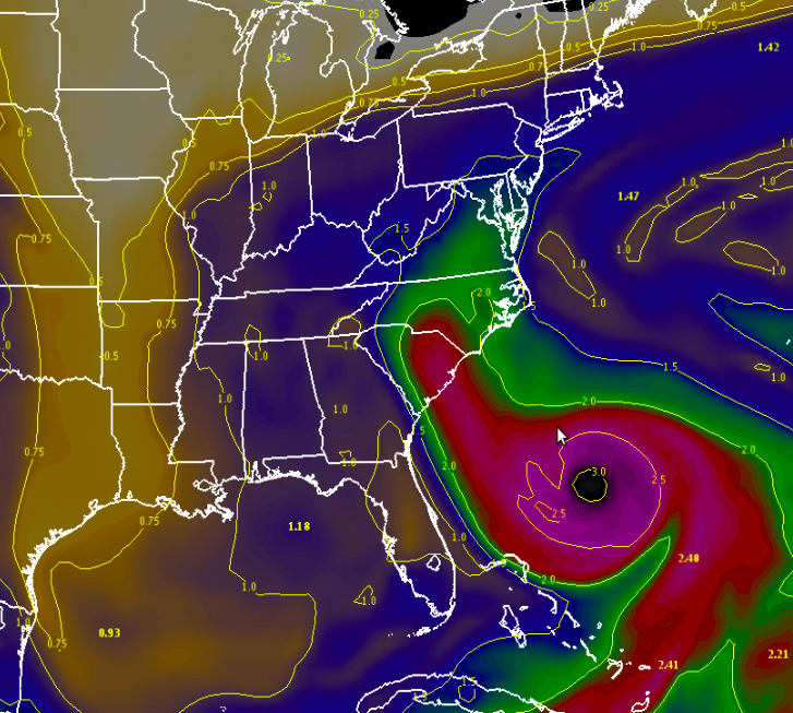 Map of precipitable water for Friday showing how moisture will be angled from Joaquin right into the Carolinas. Photo Courtesy of NWS.