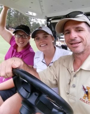 Katy Flax, left, and Darby Bagshaw, center, during a practice round at Pinehurst No. 6. Photo courtesy- Ashley Golf