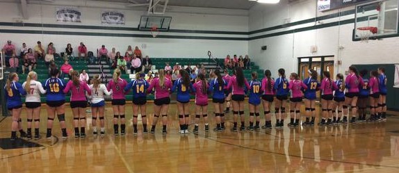 Laney and West Brunswick came together before Wednesdays match as part of Breast Cancer Awareness Month. Photo courtesy- Laney volleyball.