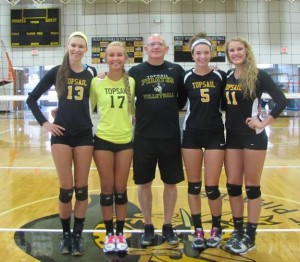 Topsail seniors, with coach Hill Pearsall, center. From left-to-right, Madi Ford, Marlee Marrotta, Haley Woods, Payton Shoenleber. Photo courtesy- Topsail volleyball. 