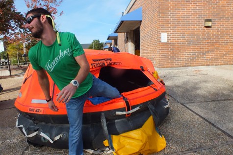 Students got the chance to climb in the 25-person raft, which in a true emergency would contain food and other supplies.