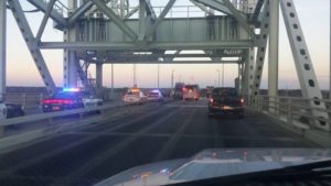 A wreck on the Cape Fear Memorial Bridge delayed traffic Wednesday morning. Photo by Jeff Reichert‎.