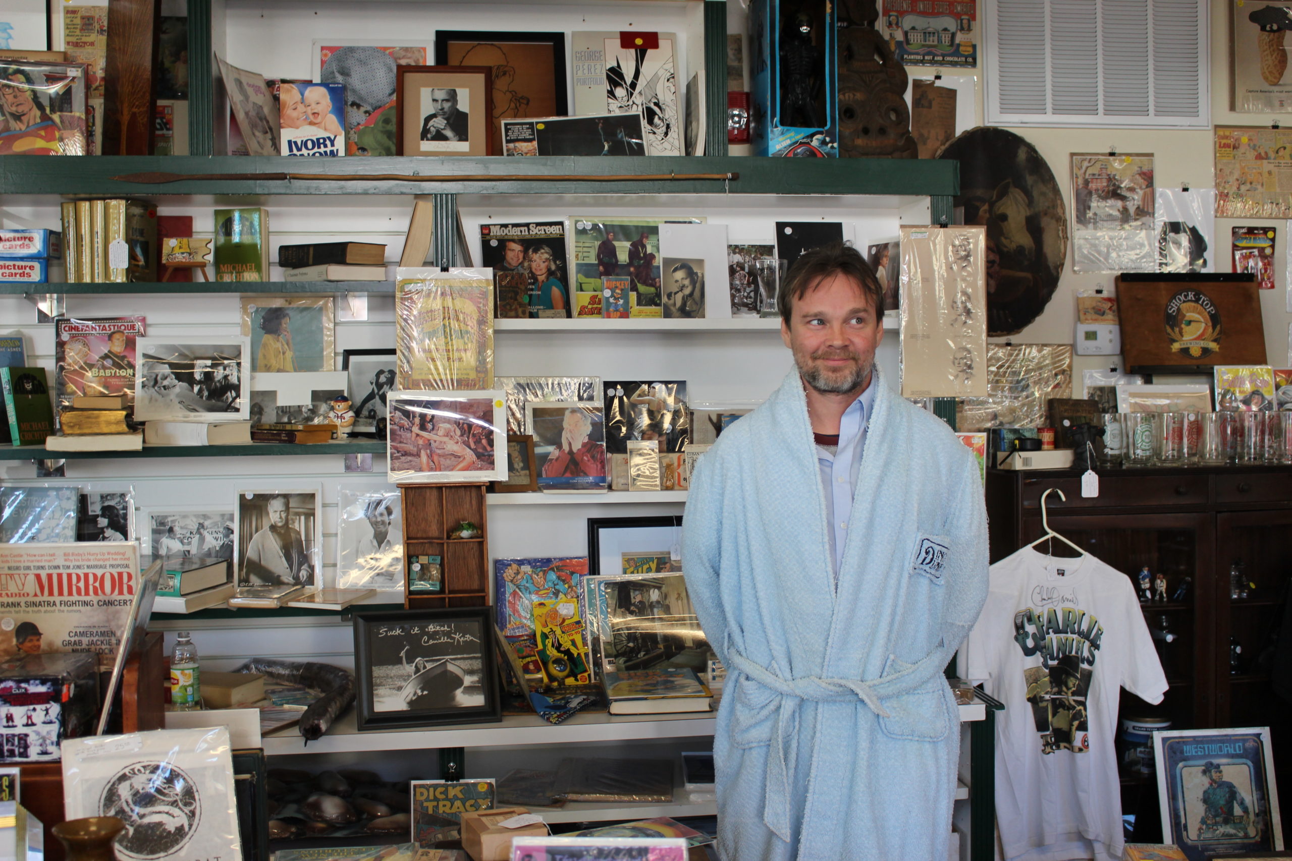 Eclectic collector Kenyatta Sullivan, seen here in Dino DeLaurentiis' custom-made robe from 'Dune,' opened Whatever...Wilmington on Castle Street to house his massive array of oddities and one-of-a-kind items. Photos by Hilary Snow.