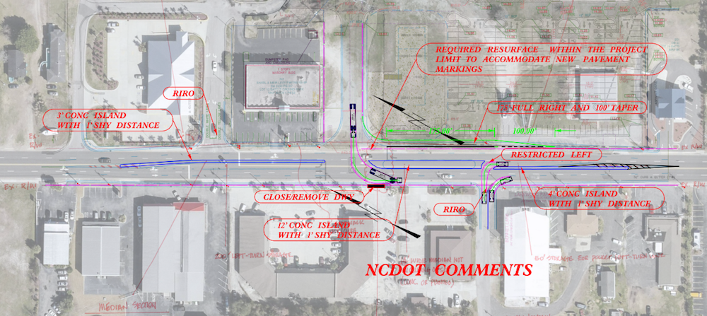 Aerial photo of Lake Park Boulevard in Carolina Beach in front of proposed Harris Teeter project with the NCDOT's recommendations for medians.