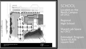 A map showing the proposed career and technical education high school (light gray) next to to Wilmington Early College (dark gray) on the CFCC North Campus.