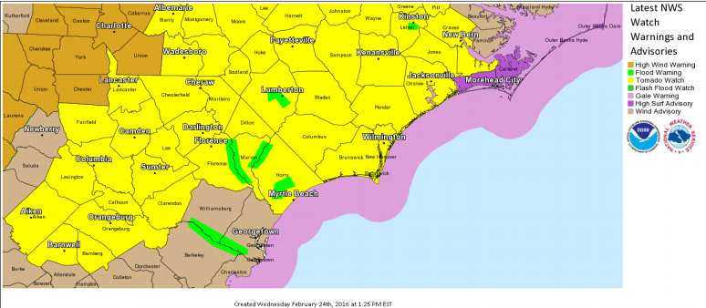 The latest map from the National Weather Service in Wilmington showing the areas under a tornado watch Wednesday afternoon.