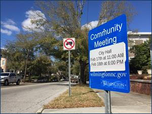 Signs for this week's public input meetings on brick street maintenance. Photo courtesy of the City of Wilmington.