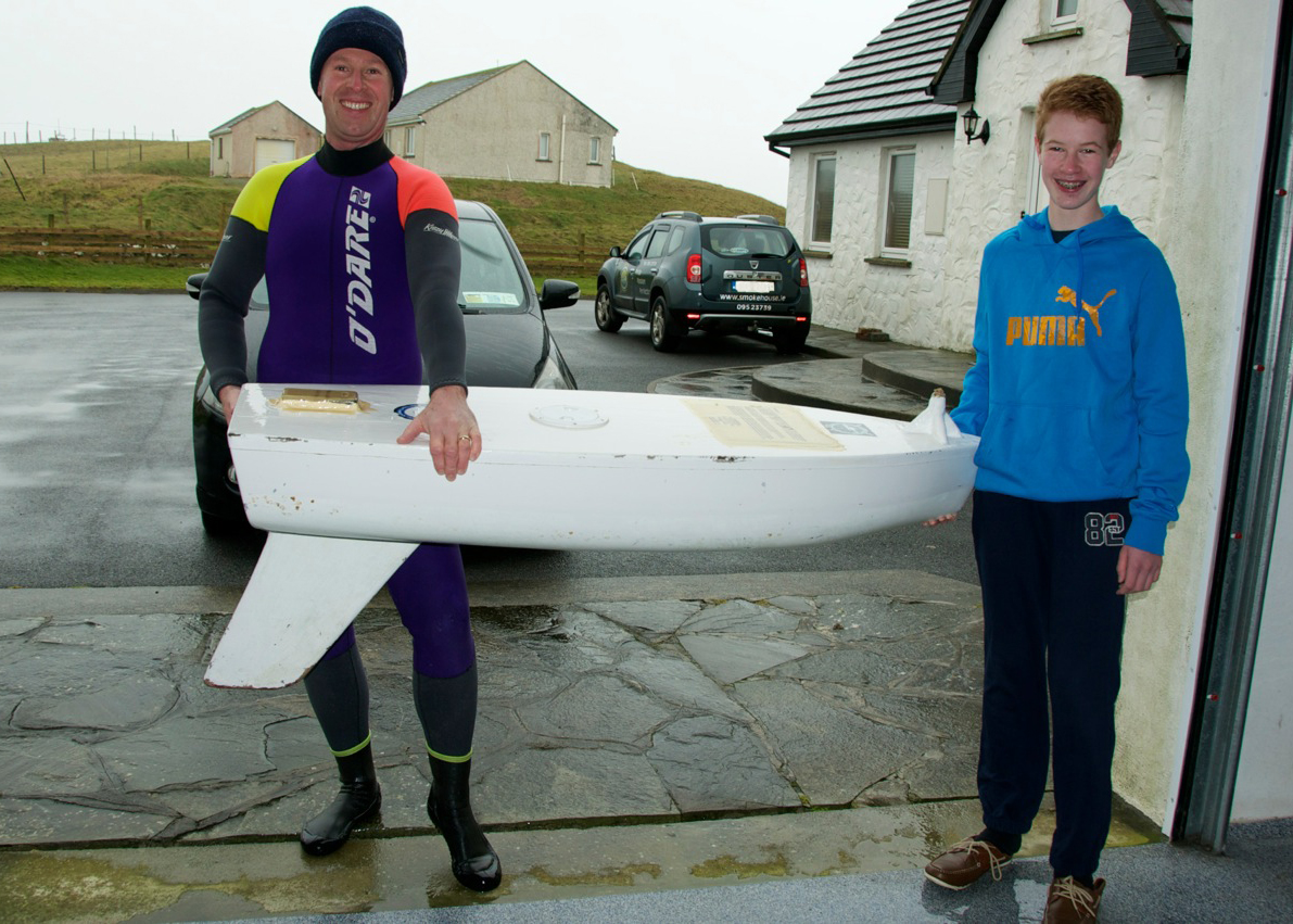Keith Roberts and his son, Graham, discovered CFCC's unmanned research vessel while kayaking in Ireland. The boat has traveled 6,000 miles in eight months. Photo courtesy CFCC.