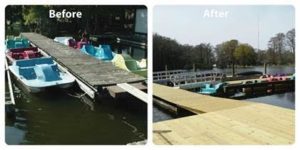 Before and after photos of the dock at the Greenfield Lake boathouse. Courtesy of the City of Wilmington.