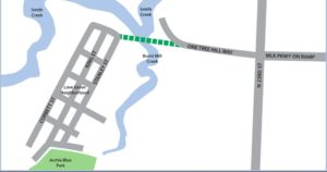 A map of the Love Grove neighborhood, with the proposed second access marked by the green dotted line. Courtesy of the City of Wilmington.