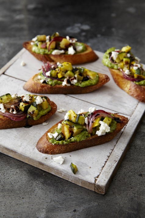Slaters Roasted Veggie Crostini with Sunflower Seed-Cream Cheese Pesto is one of more than 100 family-inspired recipes included in the book.