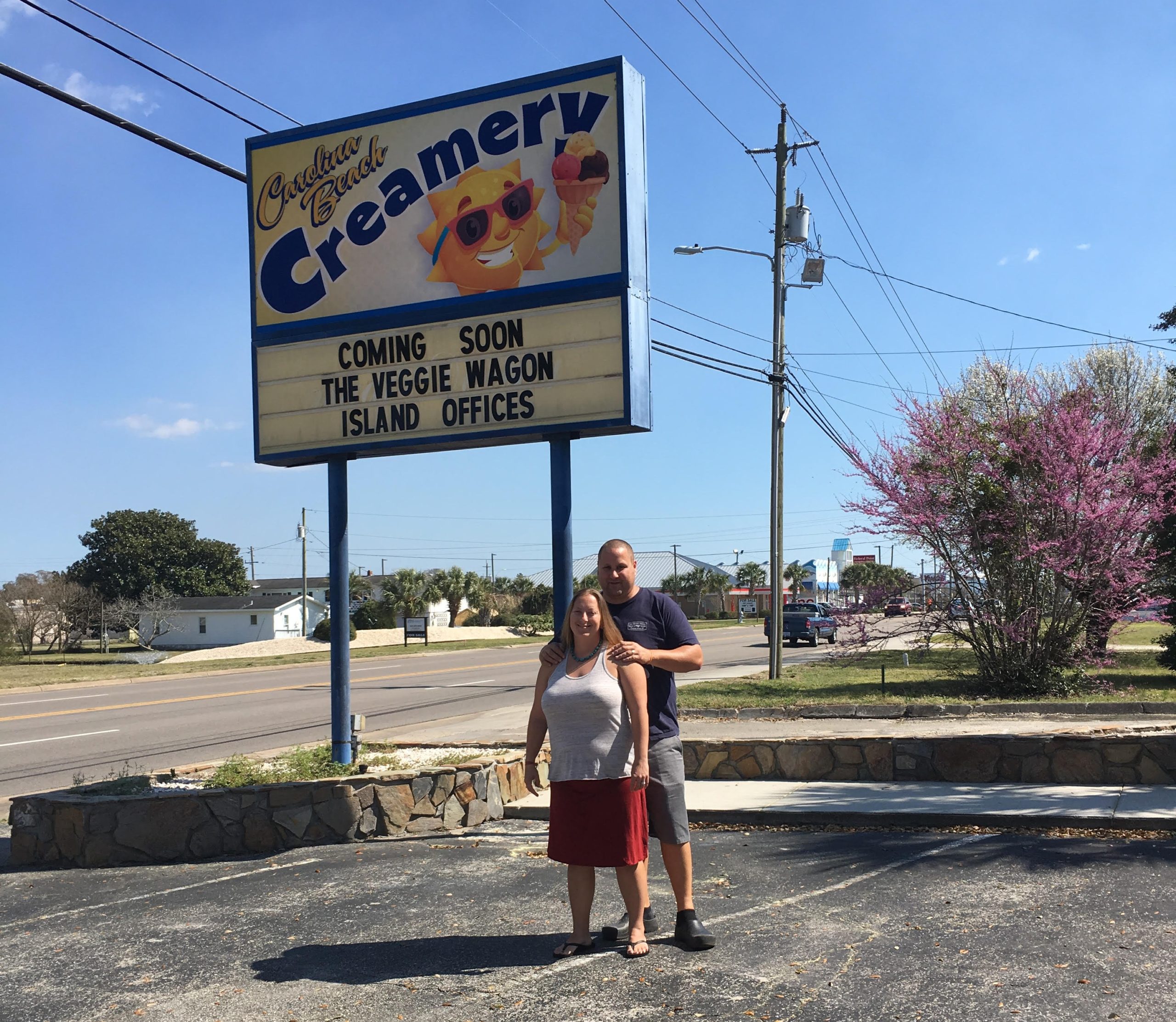 A sign at the former Carolina Beach Creamery announces April and Max Sussmans plans to soon open a second Veggie Wagon store with office space. Photo courtesy Max Sussman.