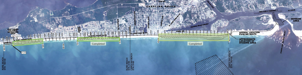 Status of the beach nourishment projects in Carolina Beach and Kure Beach as of April 20, 2016. Photo courtesy of Bob Keistler.