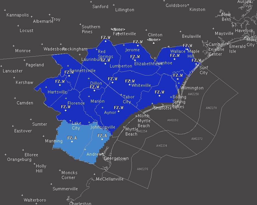 Unusually cold temperatures this weekend have prompted meteorologists to issue a freeze warning for Saturday. This weekend's conditions are also expected to elevate the threat of fires. Image courtesy NOAA.