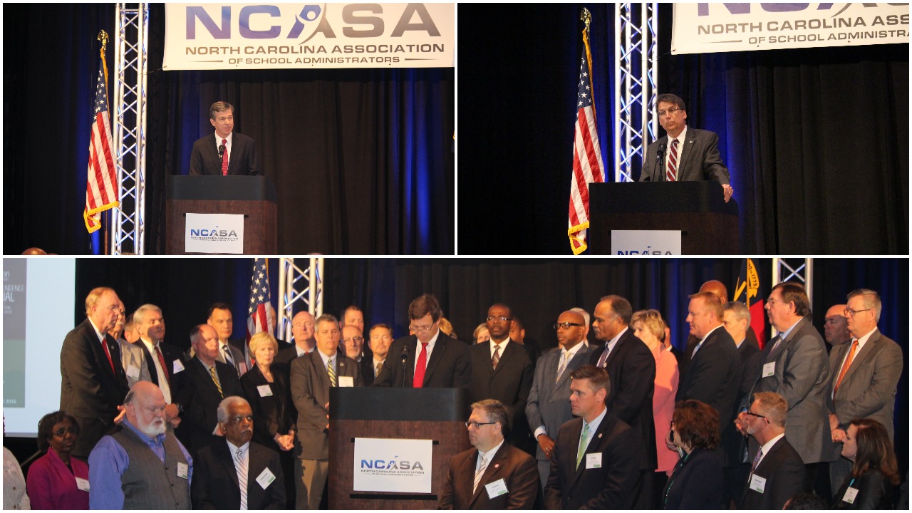 NC Attorney General and gubernatorial candidate Roy Cooper, top left, and incumbent Gov. Pat McCrory sound off Friday on their plans to improve the states public education. The occasion was a press conference called by the NC Association of School Administrators and a group of about 50 superintendents.
