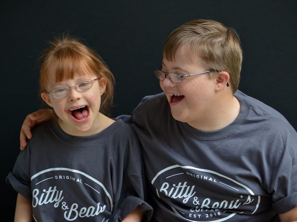 Bitty and Beau Wright sport t-shirts with Beau's Coffee's new name and logo. Beau asked that his sister, who also has Down Syndrome, share the name of the shop the pair inspired. Courtesy photos.