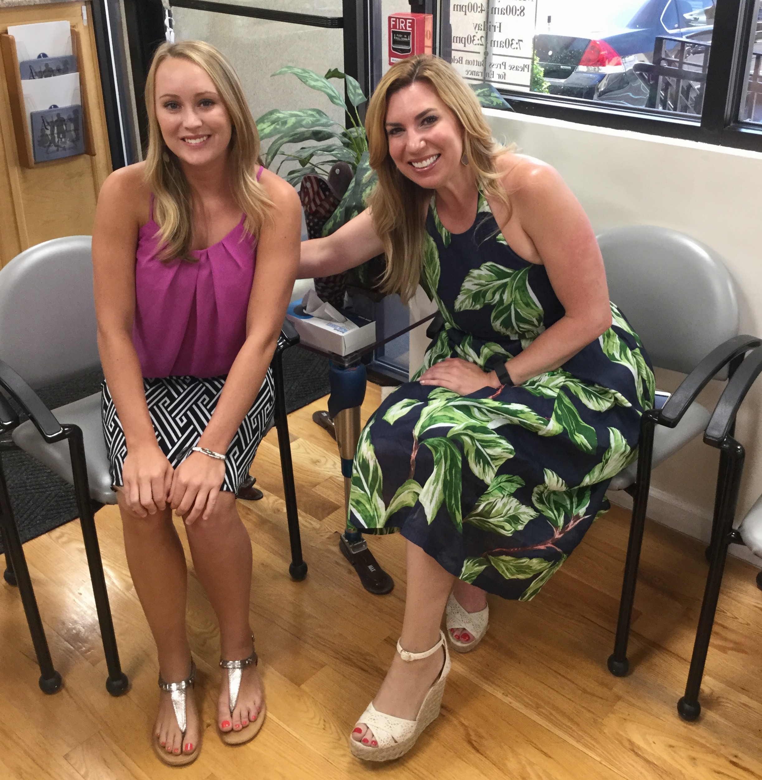 Savannah Booth, left, dons sandals for the first time, thanks to a recently donated prosthetic leg from Boston Marathon bombing survivor Heather Abbott. Courtesy photo.