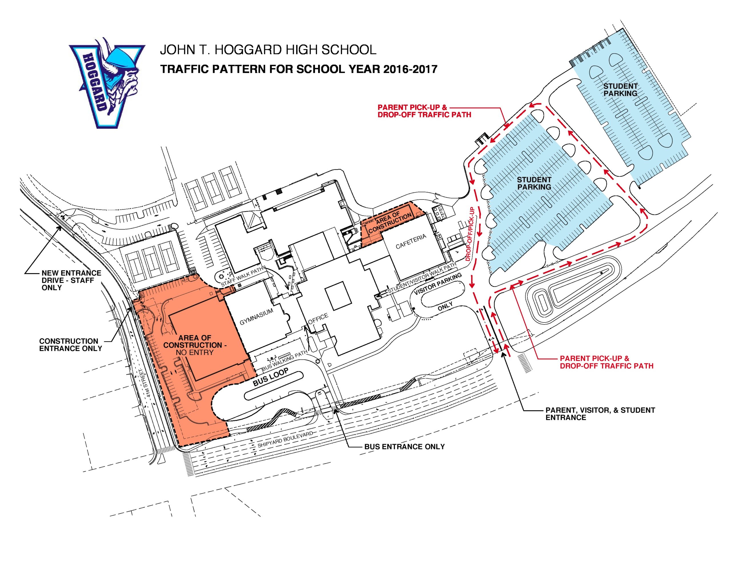 A site plan for Hoggard High School shows a new traffic pattern during construction of a new 1,600 gym. Work listed in the 2014 bond referendum is underway at all of the county's traditional high schools. Courtesy images.