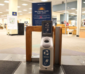 One of community battery recycling points, located at the main New Hanover County Library in downtown Wilmington. Photo by Hannah Leyva.