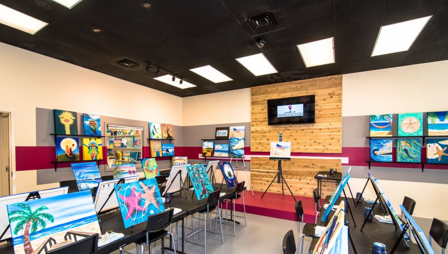 The newly renovated Wine & Design studio includes TV monitors for painters to better observe artist instruction. Courtesy photos.