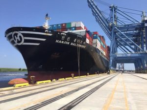 The Hanjin Baltimore container ship is the largest to ever dock at the Port of Wilmington. Courtesy of the North Carolina State Ports Authority.