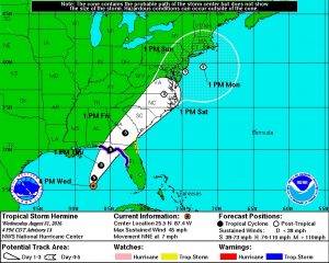 The predicted track of Tropical Storm Hermine as of Wednesday evening. Courtesy of the National Weather Service.