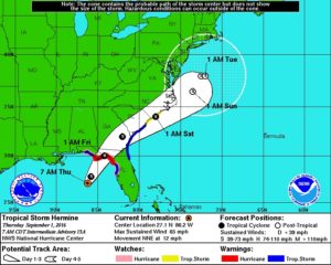 The predicted track of Tropical Storm Hermine as of Thursday morning. Courtesy of the National Weather Service.