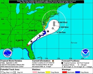 Hermine has been downgraded to a tropical storm as it hits the Carolinas Friday. Courtesy of the National Weather Service.