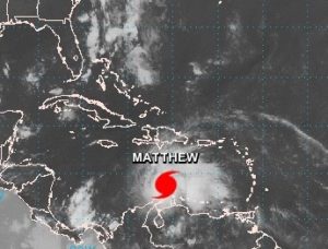 Hurricane Matthew is about 500 miles east of Jamaica and moving westward. (Satellite image from National Weather Service).