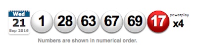 The winning Powerball numbers from the Wednesday, Sept. 21, 2016 drawing.