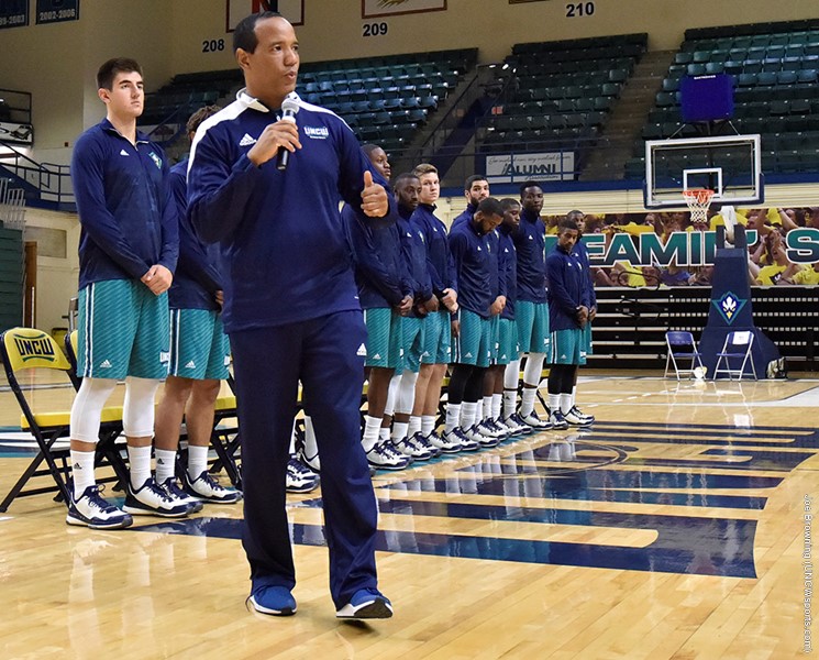 Coach Keatts introduces the players to local media outlets on Wednesdays. Photos courtesy- UNCW Sports 